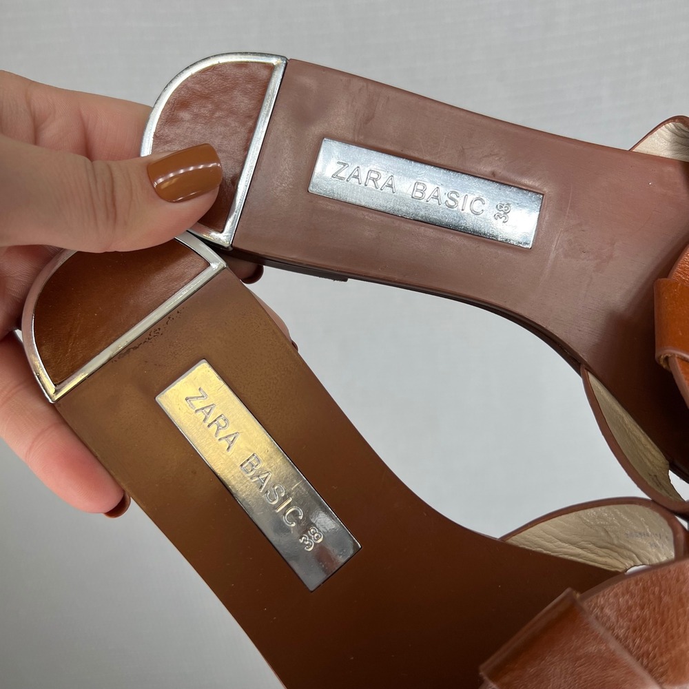 Zara Basic Brown Leather Braided Flat Slide Sanda… - image 2